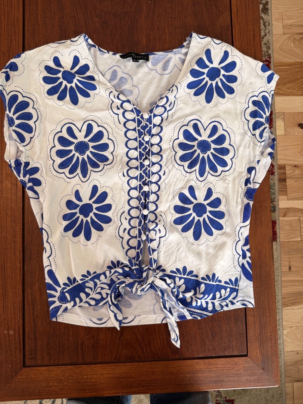Fred David White & Blue Floral Tie-Front Top